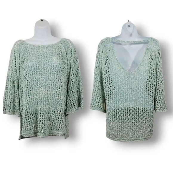 NEW Hummingbird Keyhole Cut Out Open Knit Bell Sleeve Turquoise Sweater Size S/M - Picture 1 of 10